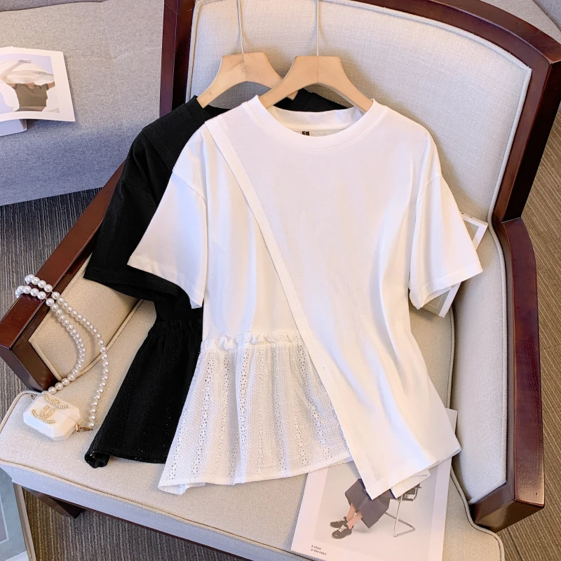 3754大码女装胖MM时尚简约百搭款不规则设计感短袖上衣2610