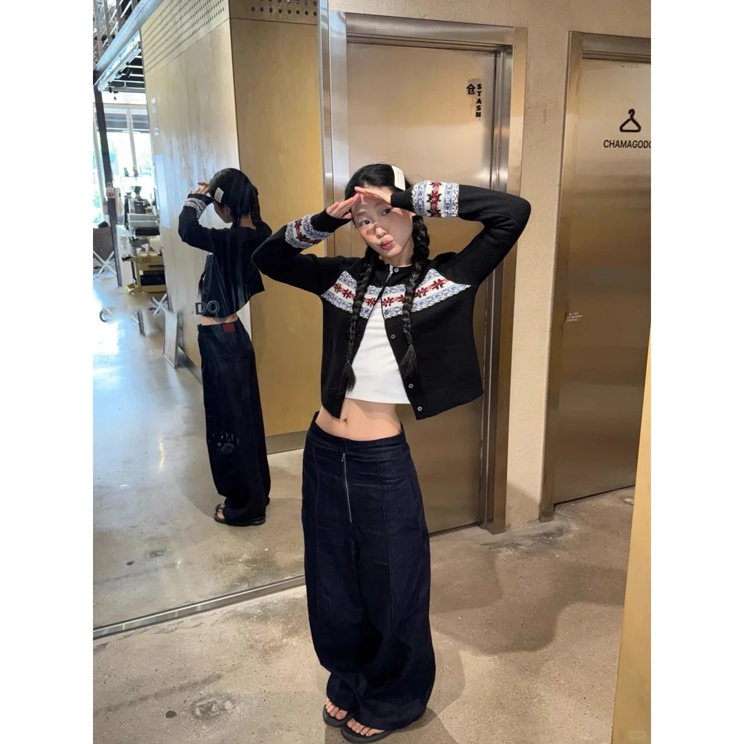 美式复古浪漫费尔岛针织开衫女秋冬季撞色打底衫提花长袖毛衣外套