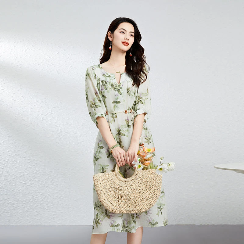 连衣裙女夏高级感南油高端女装高个子大码宽松系带中长款苎麻裙子