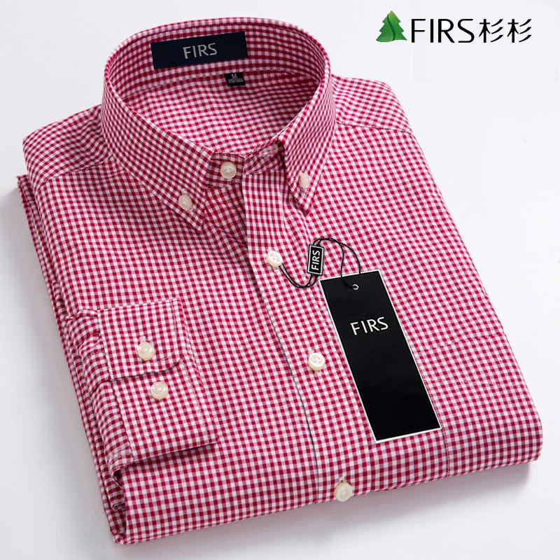 衫衫100%全棉红色小方格长袖衬衫男百搭休闲高档纯棉格子男装衬衣