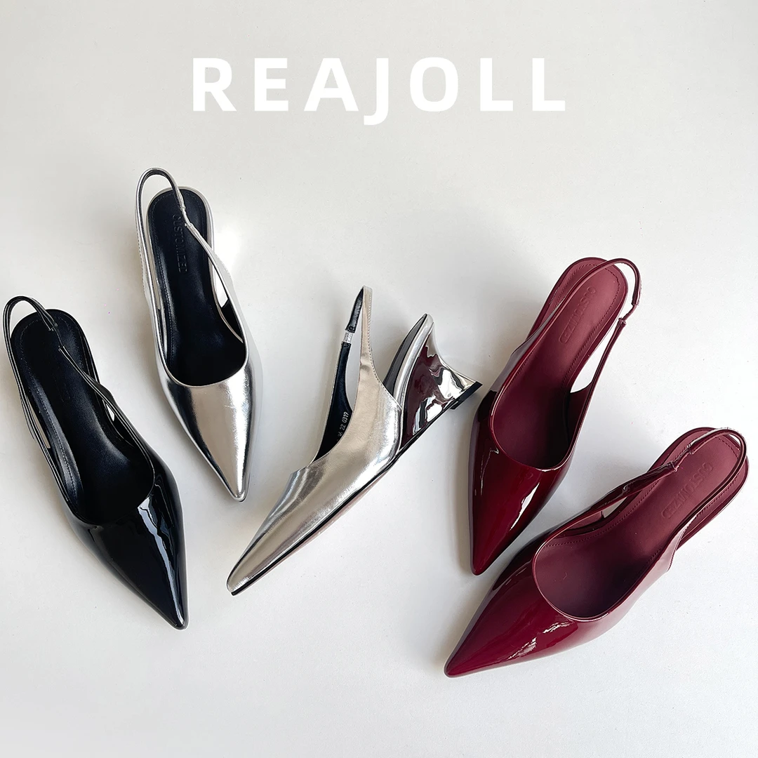 法式小众设计尖头坡跟银色后空高跟鞋夏季新款真皮气质单鞋性感