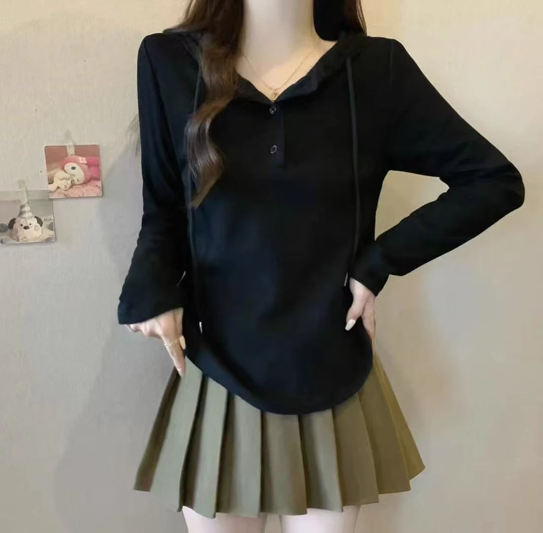 胖MM简约纯色连帽长袖T恤秋季新款女装显瘦休闲上衣