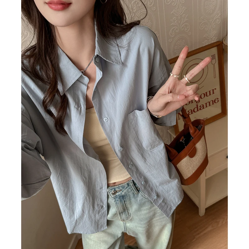 亦声防晒100%薄款纯棉长袖女式夏季衬衫蓝色高级感上衣薄外套FS