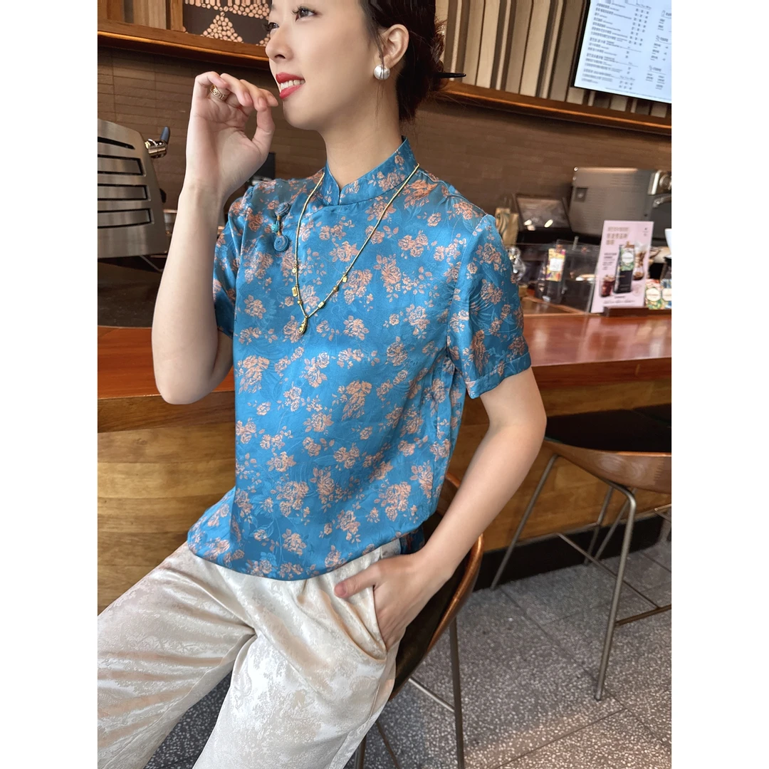 【深圳罗依】原创真丝衬衫女桑蚕丝提花新中式宽松短袖气质立领上衣