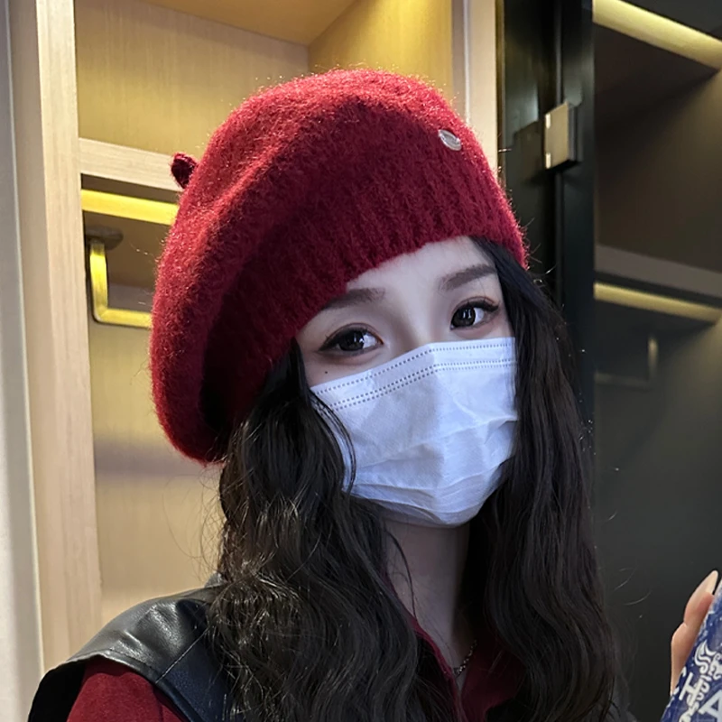 韩版复古金属小标纯色针织贝雷帽子女秋冬加厚保暖百搭毛线画家帽