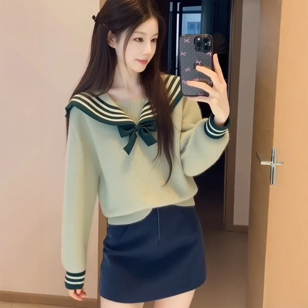 海军风条纹针织衫设计感软糯毛衣秋冬质感穿搭女2025新款韩系上衣