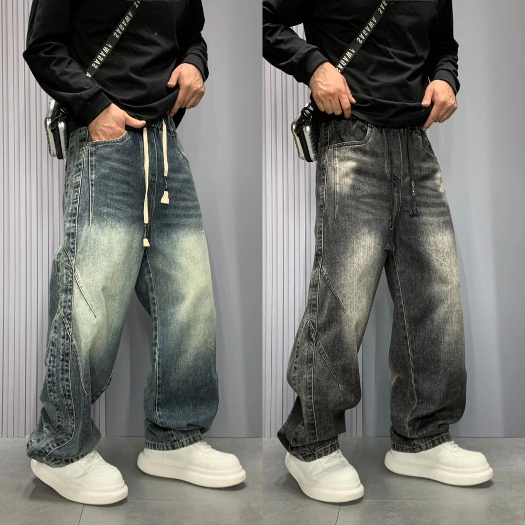 美式复古炸街裤子个性水洗做旧直筒阔腿裤痞帅宽松弯刀牛仔长裤男
