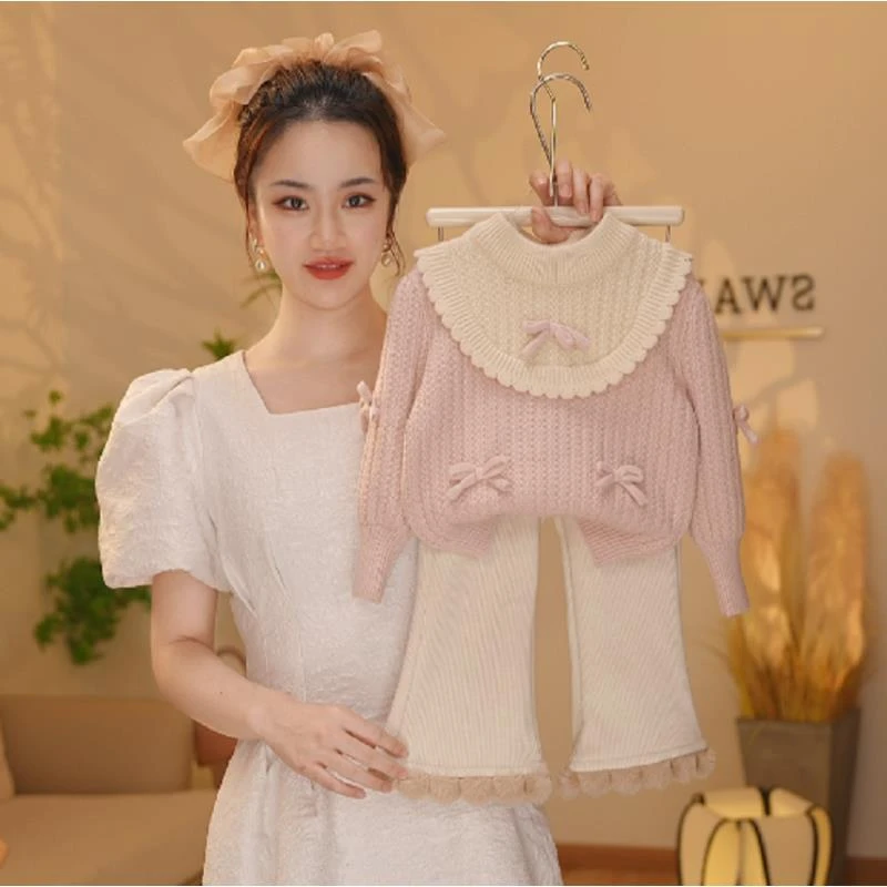 （现货）【Y.n6035】秋冬款女宝翻领长袖重工针织时尚甜美秋冬套装