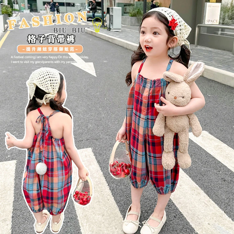 连体薄款亚麻七分裤灯笼裤连裤裙裤子百搭夏季格子女童中小童