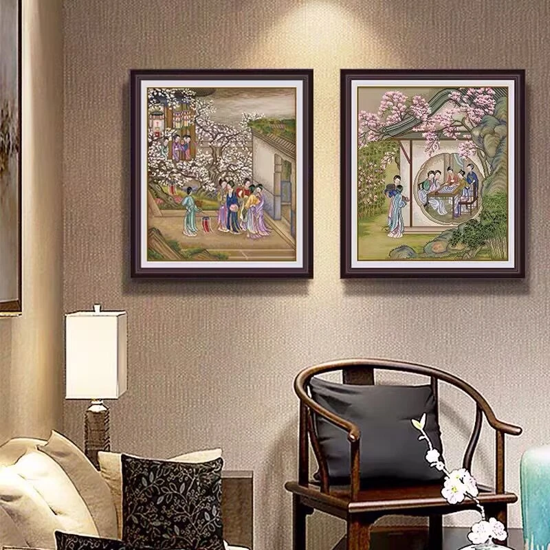 清代陈玫名画十字绣线绣月曼清游图客厅卧室双联画手工自绣新款