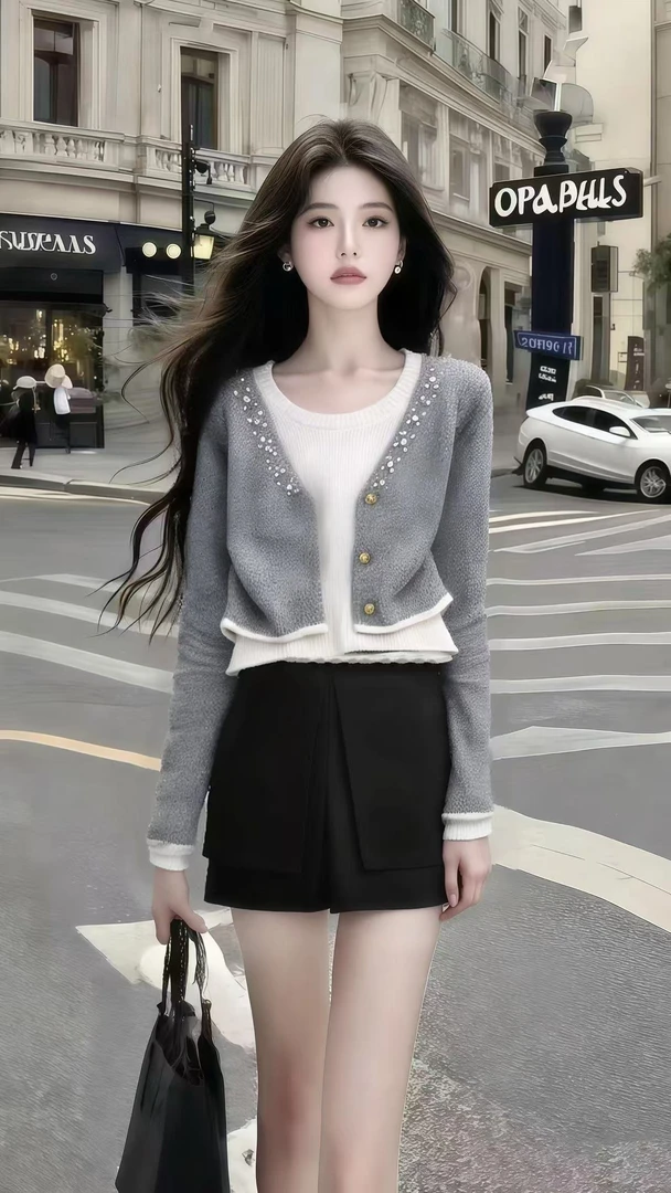 秋季新款松弛感穿搭氛围感灰色圆领长袖针织上衣+黑色百搭短裤