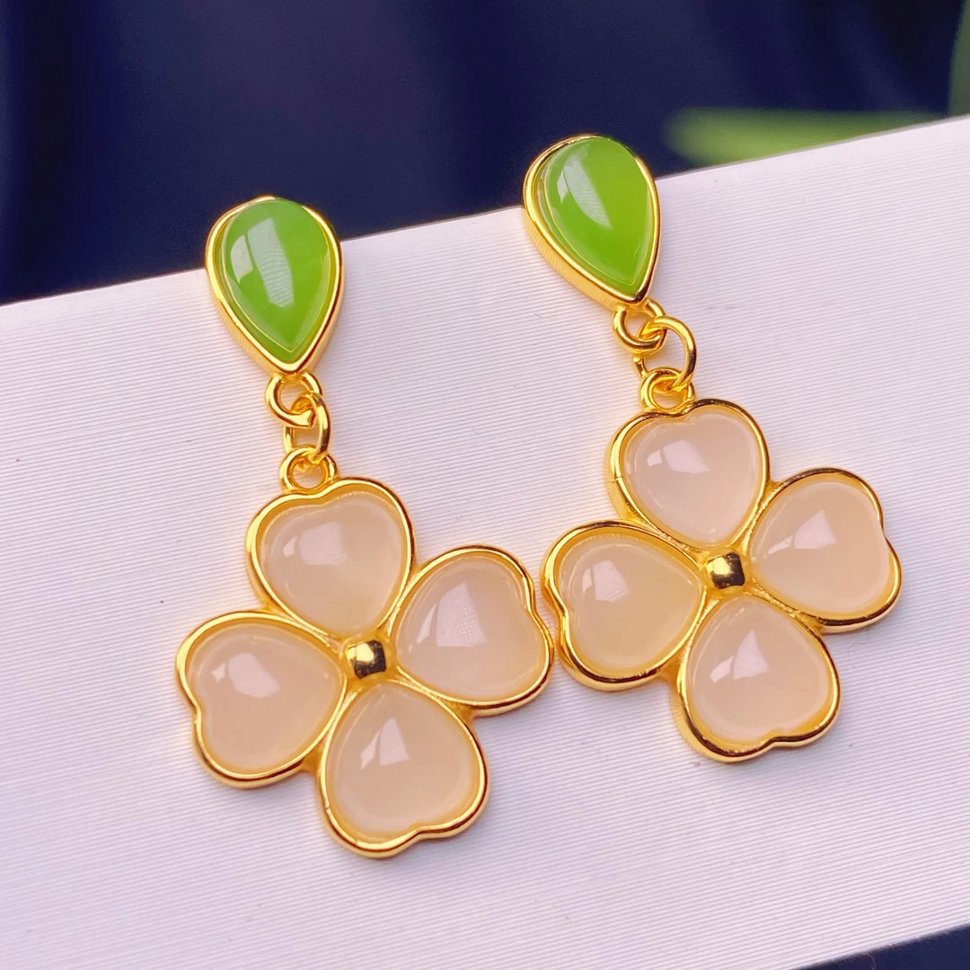 天然和田玉青海料藕粉925银幸运四叶草耳环耳饰百搭轻奢气质@0228