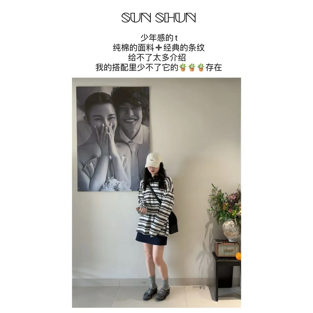 Sanshun-(西西里岛)-套头圆领黑白条宽松版长袖T休闲T恤女春新款