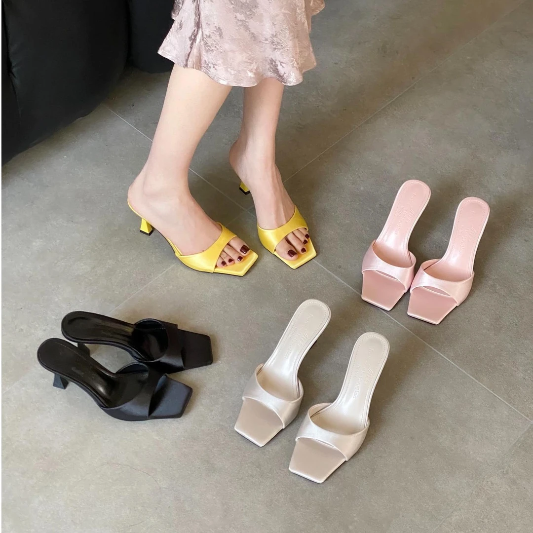 2025春夏季新款方头细跟高跟鞋绸缎面一字拖显瘦高级凉鞋女凉拖鞋