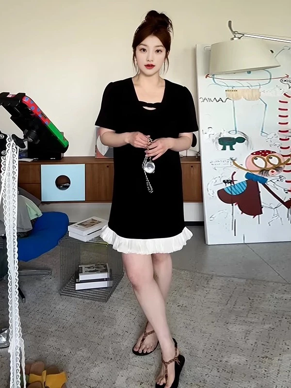 大码女装减龄下摆拼色荷叶边连衣裙夏季新款胖mm宽松显瘦气质裙子