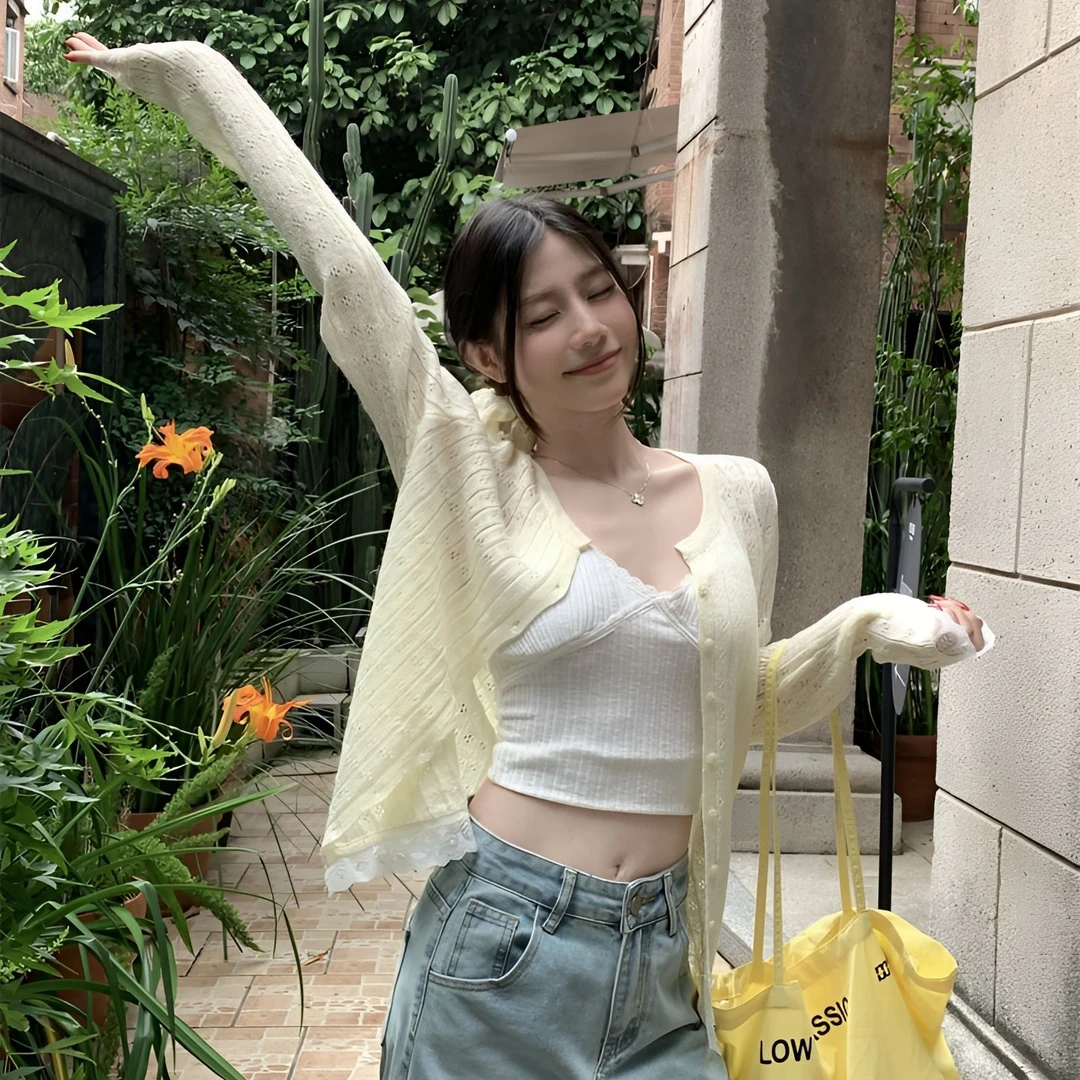 吼咪homie女装蕾丝边竹节麻开衫防晒外搭