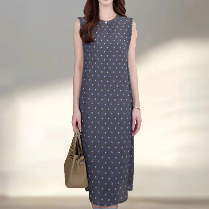 气质慵懒风波点蝴蝶印花连衣裙2025新款高级感轻奢大码女装中长裙