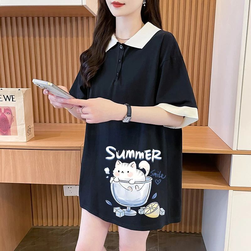 大码polo领短袖t恤女夏季2025新款洋气减龄宽松ins潮牌显瘦上衣