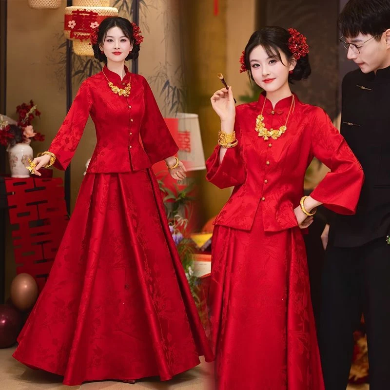 大码胖mm新中式敬酒服套装2025秋季新款订婚服新娘结婚红色礼服裙