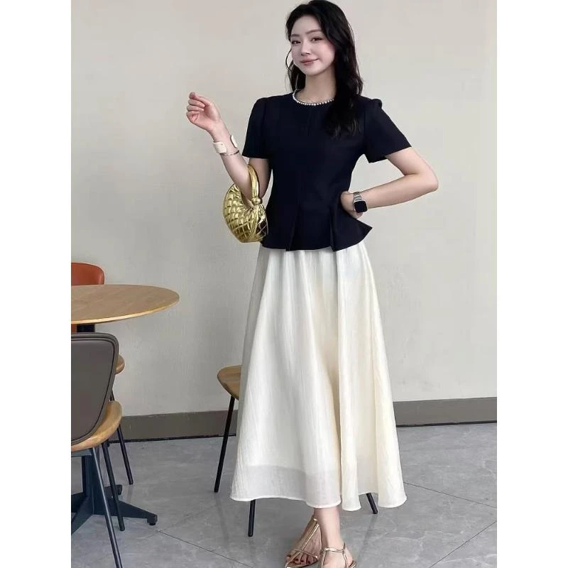 25108 名媛千金时尚裙子女2025年夏季新款短袖上衣两件套连衣裙