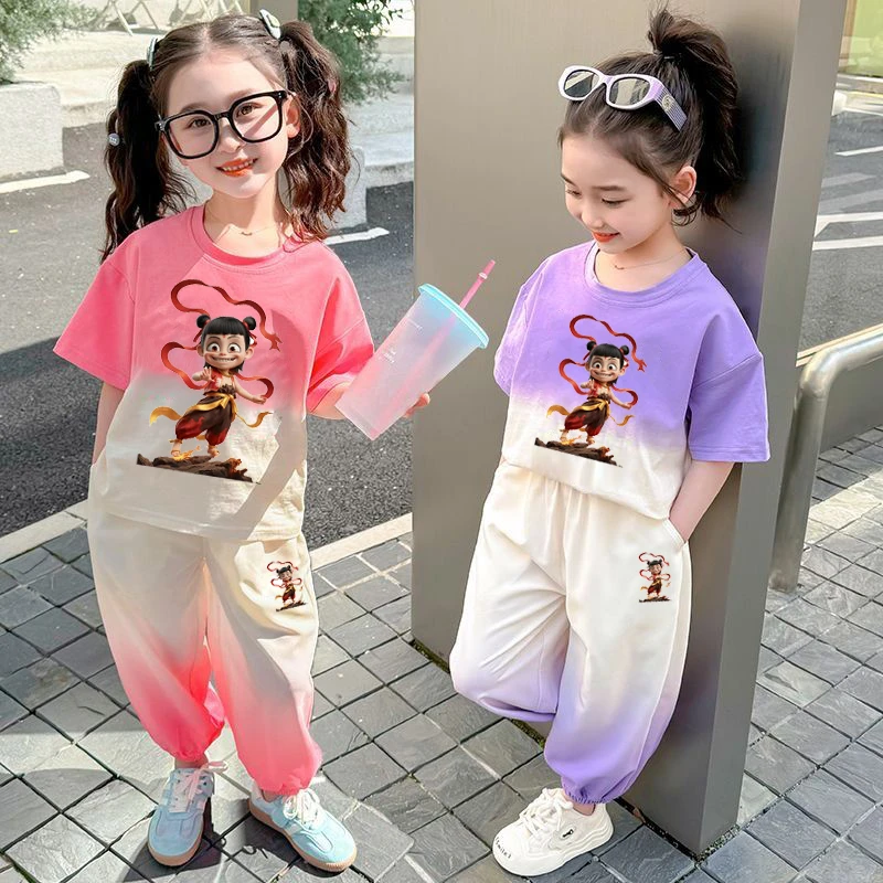 哪吒魔童小女孩短袖女童夏装套装圆领网红时尚休闲儿童中小童时髦