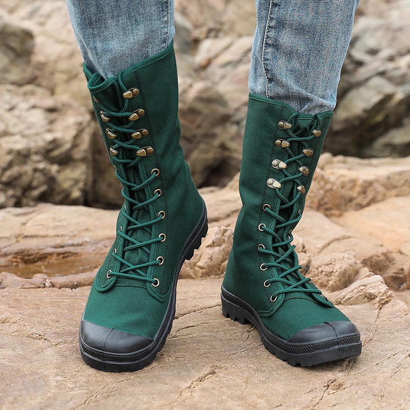 工装靴男户外鞋舌一体防土沙漠靴透气高帮帆布靴长筒训练靴劳保鞋
