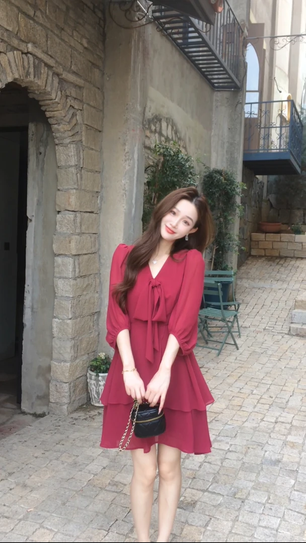 【钱丹丹】新款系带V领连衣裙Q53LYQ3209