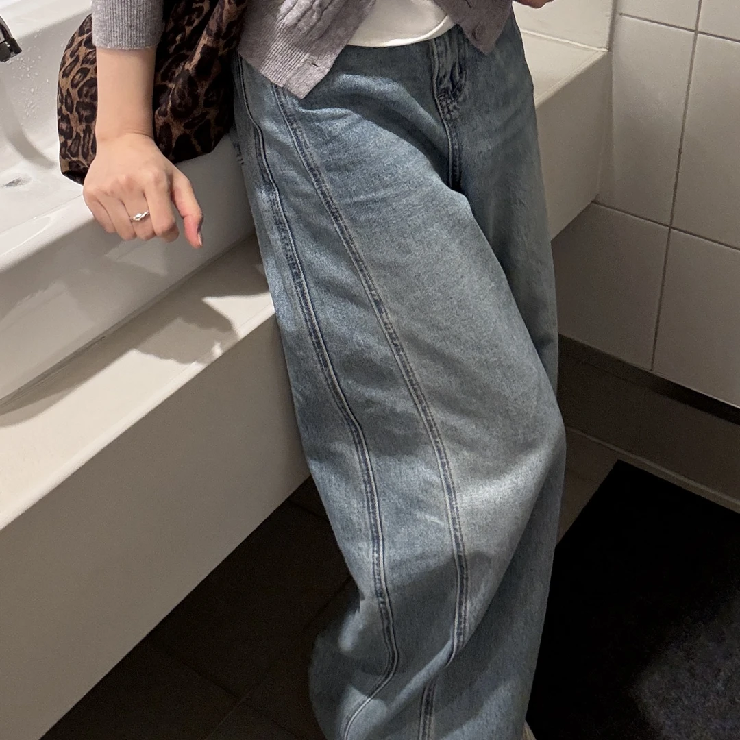 蓝色简约牛仔裤高腰显瘦宽松阔腿裤春季新款1005