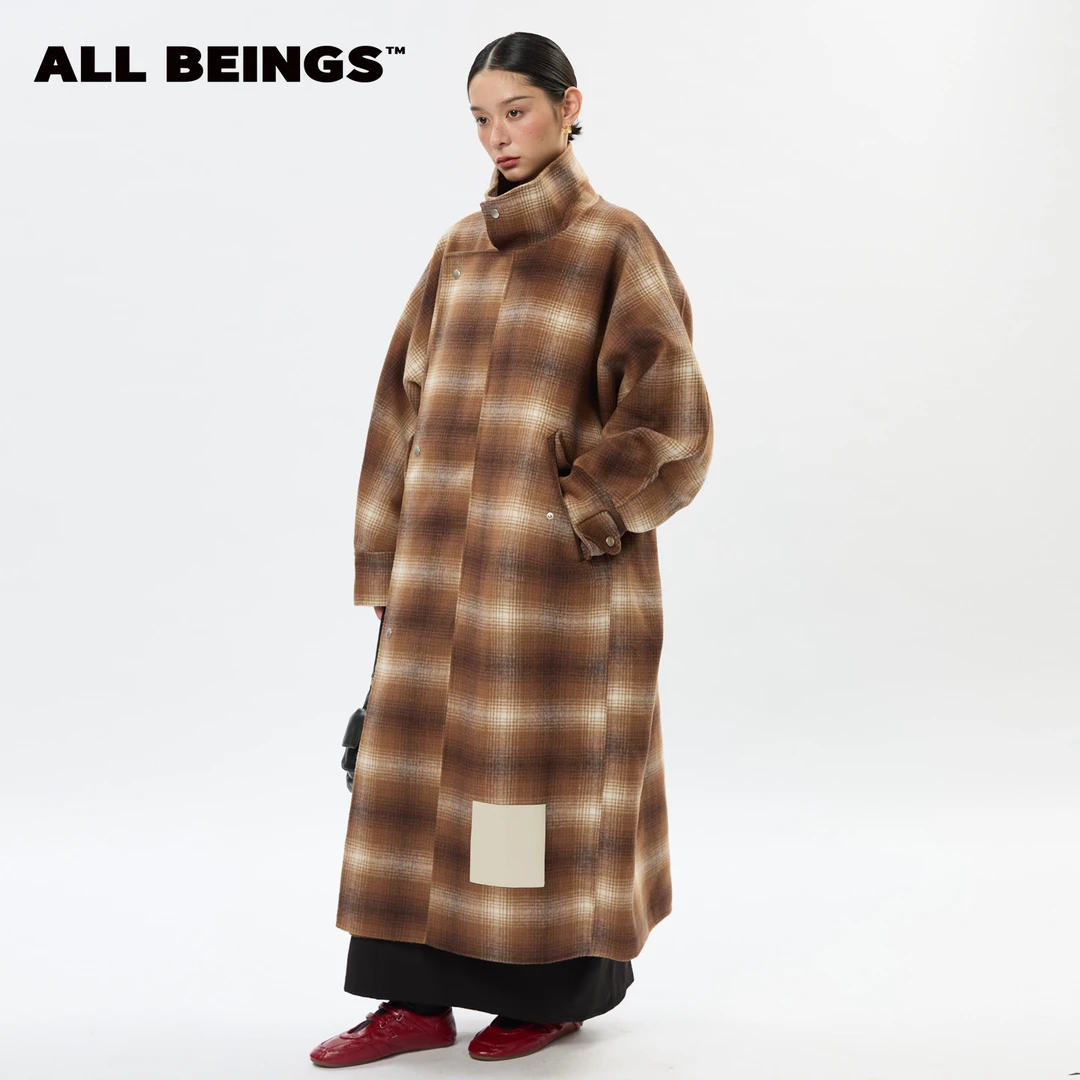 ALL BEINGS【应季折扣】卡其格纹大廓形连肩双面羊毛毛呢大衣