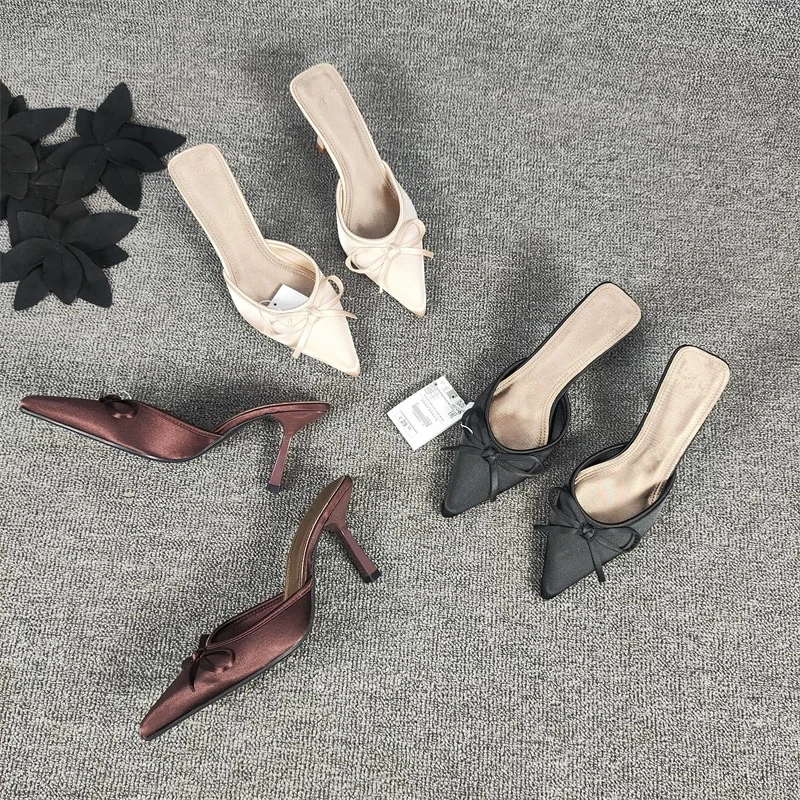 法式蝴蝶结百搭包头凉鞋2025夏季新款时尚浅口气质尖头细高跟拖鞋