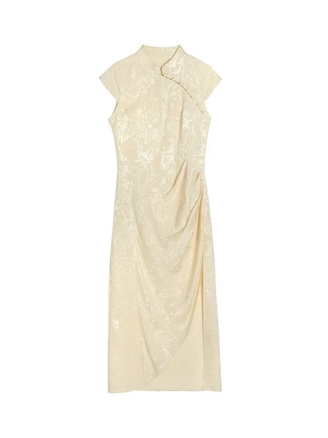 【NA家】暗纹提花新中式前开衩连衣裙女腰间抽褶设计中长旗袍连衣裙