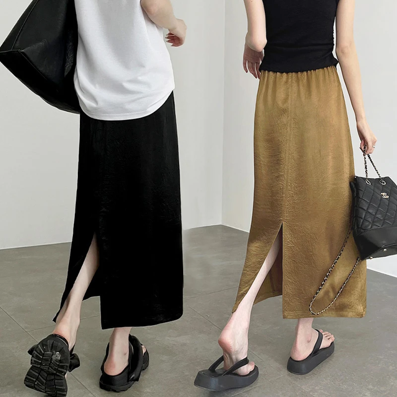 后开叉新中式新款A字中长款半身裙高腰气质醋酸显瘦包臀半裙女夏