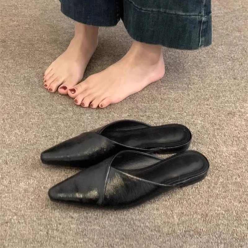 2025春夏平底半拖鞋凉鞋女新款时髦尖头包头拖鞋单鞋复古百搭