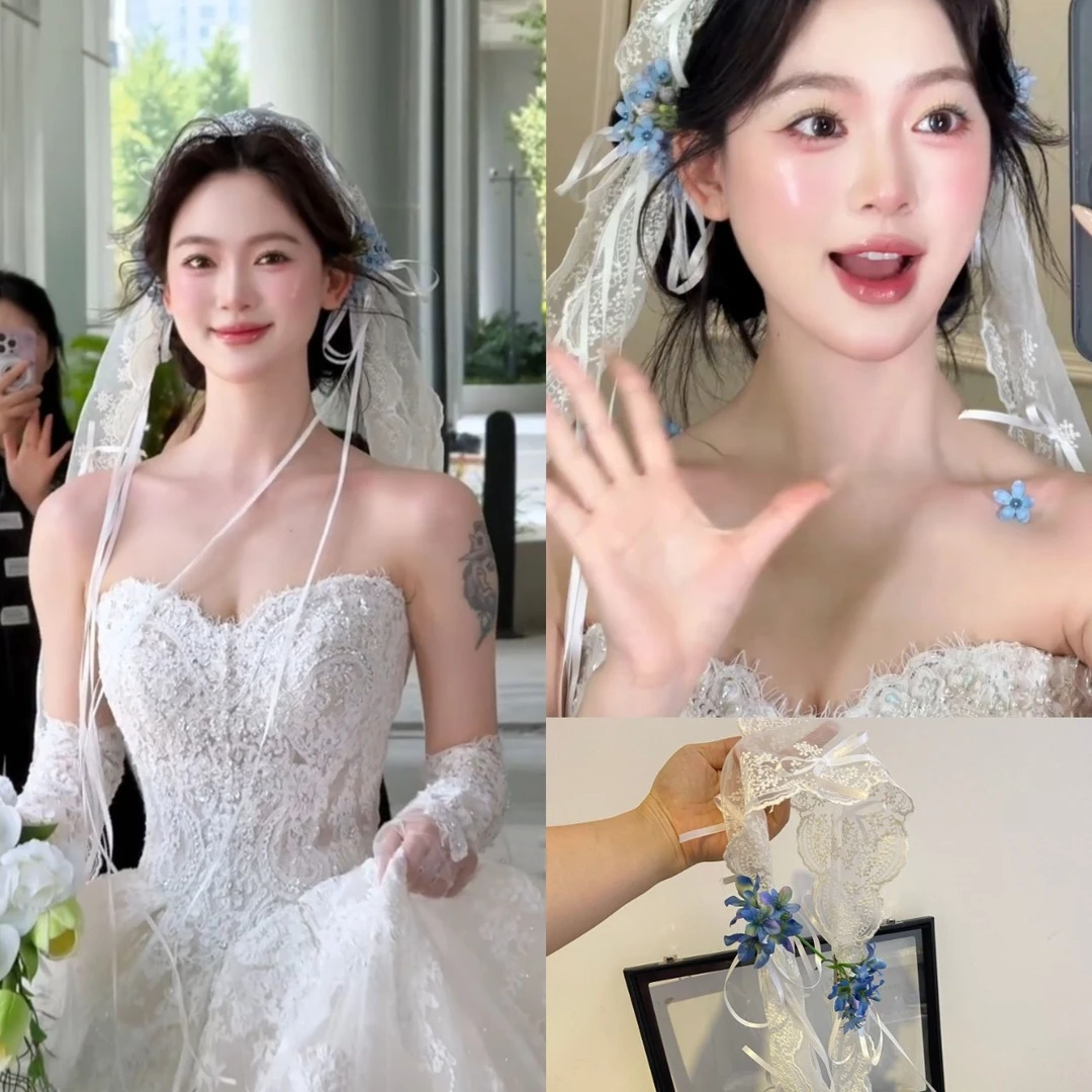 绝绝子仙气手作头纱蕾丝花纱新娘结婚配饰外景仙女风配饰旅拍头饰