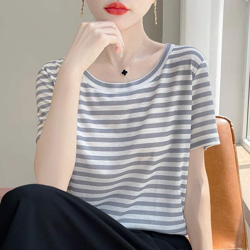 哥弟阿玛施正品夏季圆领条纹韩系简约风短袖百搭天丝T恤上衣女款