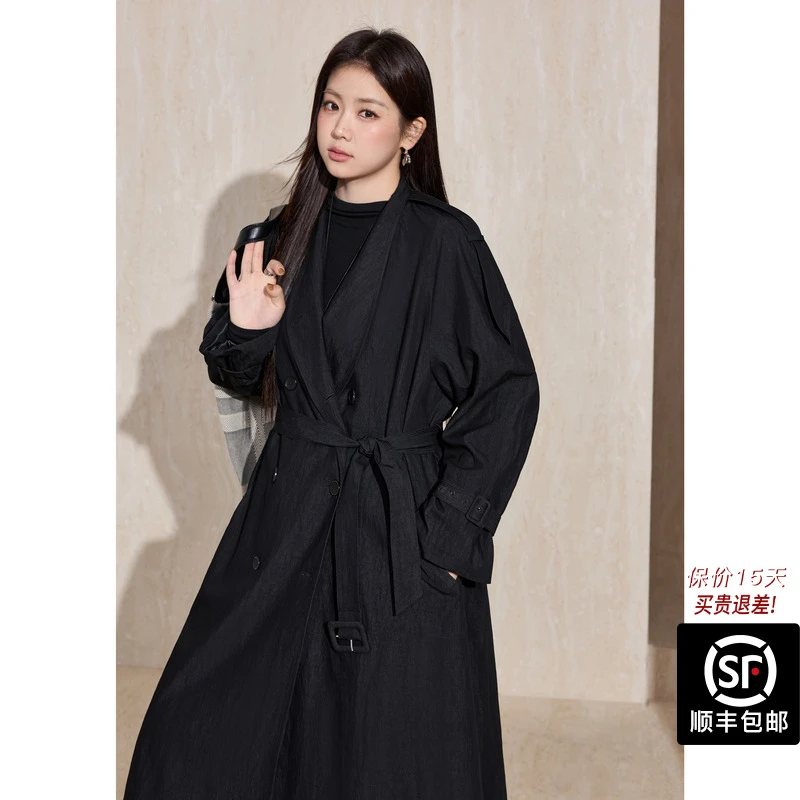 蓝语大码女装经典宽松廓形双排扣风衣2025秋冬新品中长款系带外套