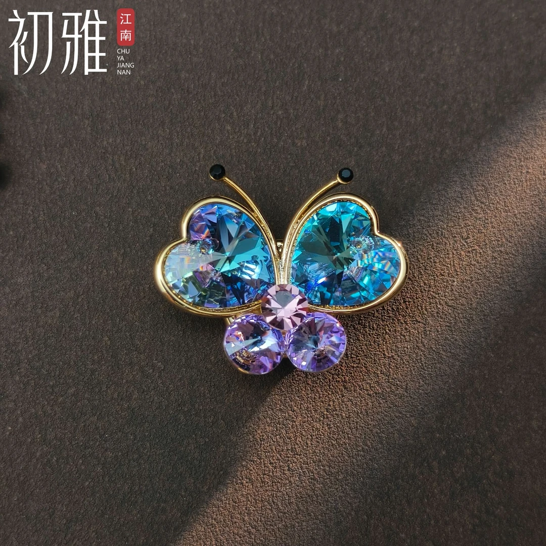 铜仿水晶胸针 初雅PIN-施家系列【蓝晶蝴蝶】设计师款铜镀k金胸针