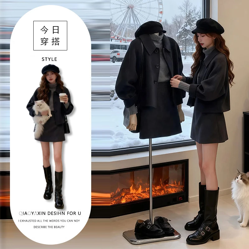 慵懒风韩系ins黑色短款毛呢外套搭配针织毛衣半身裙小个子三件套