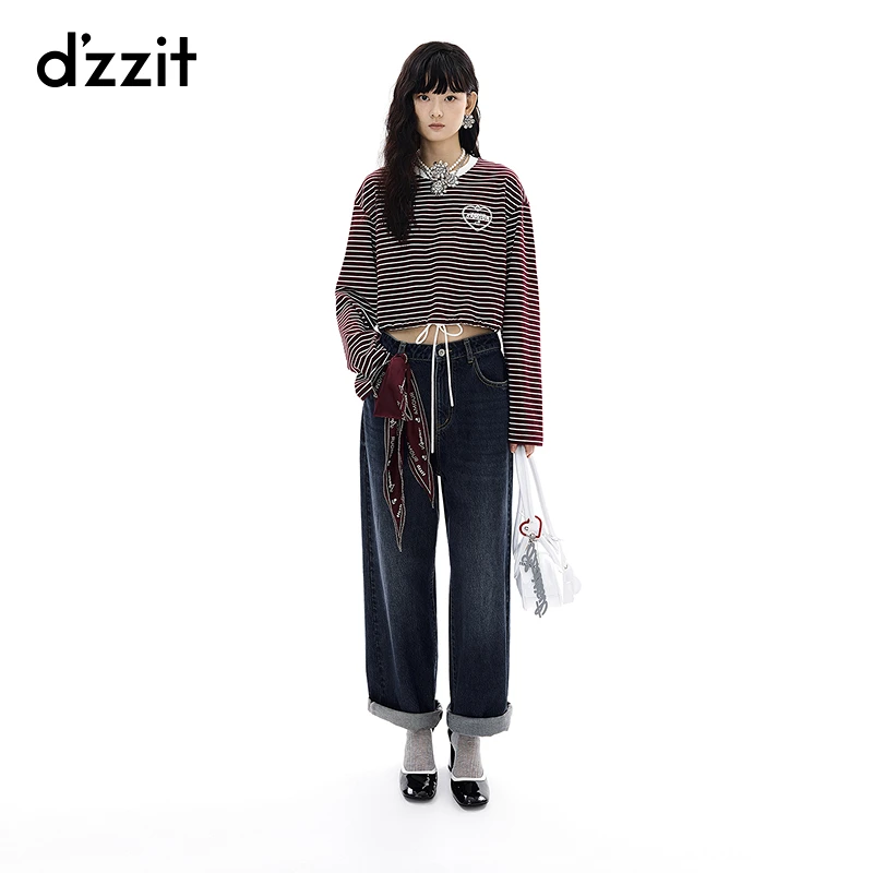 【商场同款新品】dzzit地素长袖T恤25冬条纹系带上衣女3J4B5142K