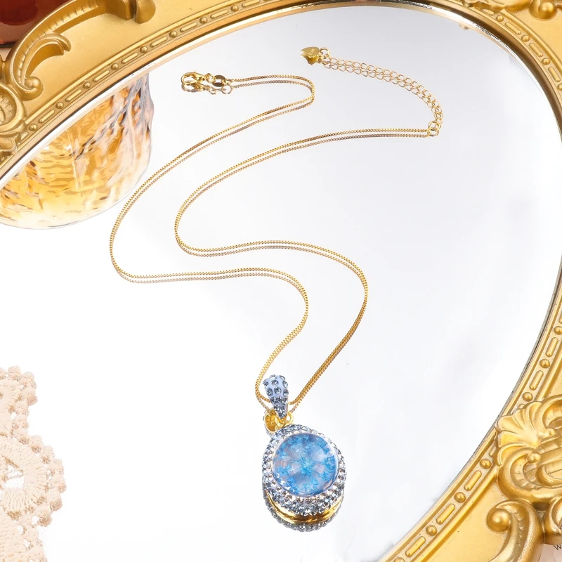 铜合金项链 蓝色花朵项链时尚吊坠金色饰品长款复古精致5655-2