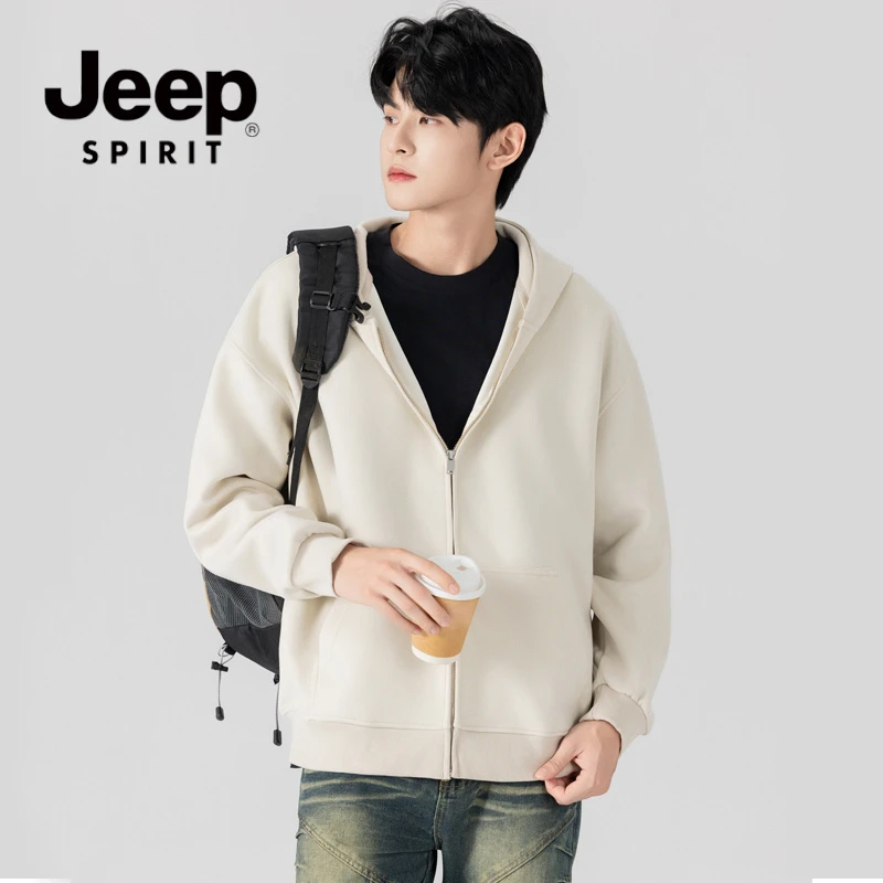 JEEPSPIRIT吉普新款卫衣男士秋季美式复古重磅连帽情侣开衫外套潮