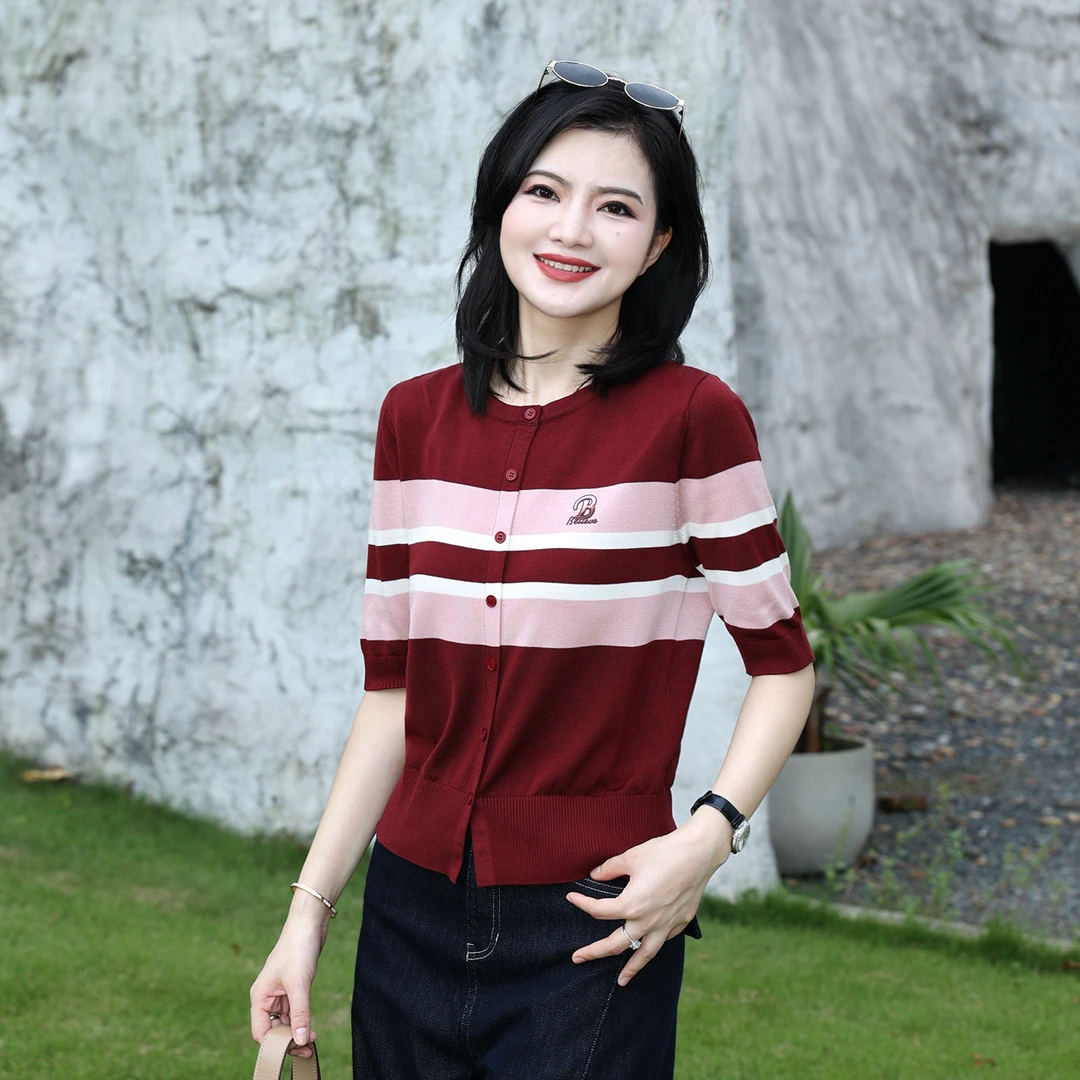 枫竺阿楠anan100莱赛尔圆领绣花短袖条纹针织衫女夏休闲短袖上衣