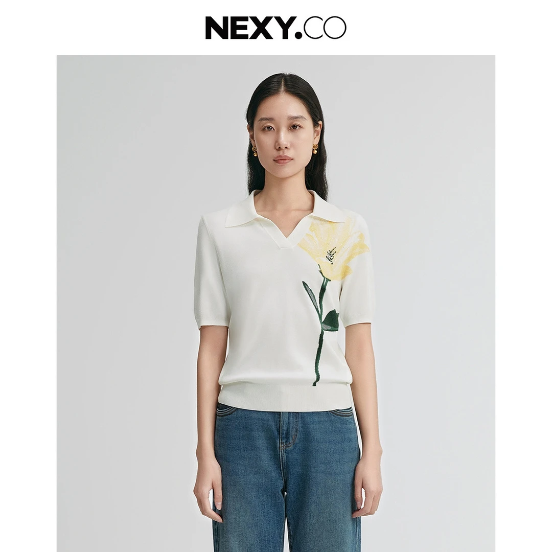 【岚岚专属】奈蔻休闲木兰提花正肩t恤高级感冰丝针织衫XZ02691V0