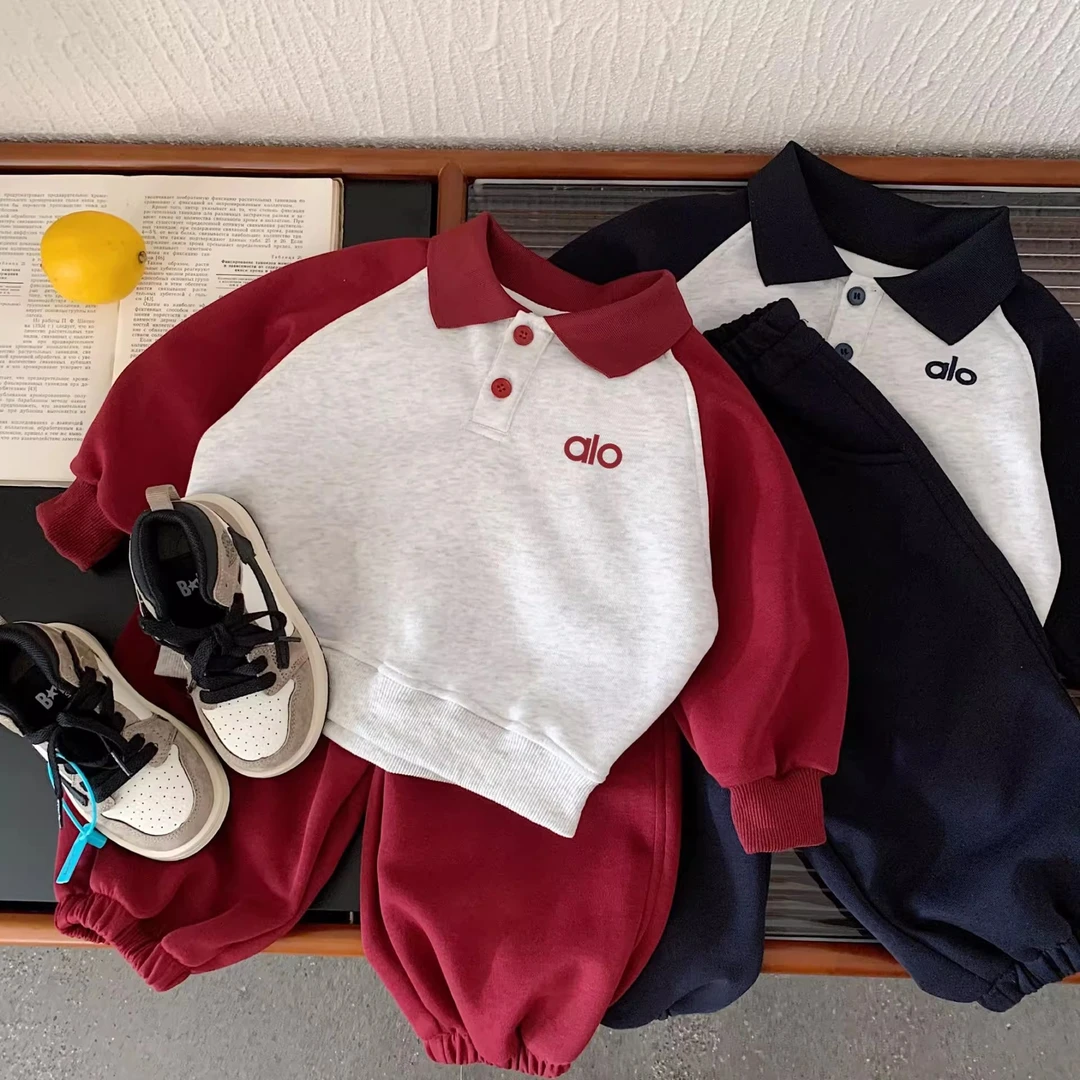 儿童秋季棉质polo衫套装刺绣百搭中小童洋气撞色俩件套男女童休闲