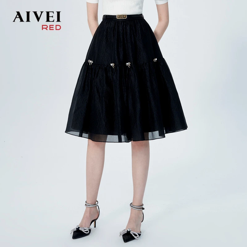 AIVEI艾薇秋高腰泡泡缎中裙复古半身裙P0160118