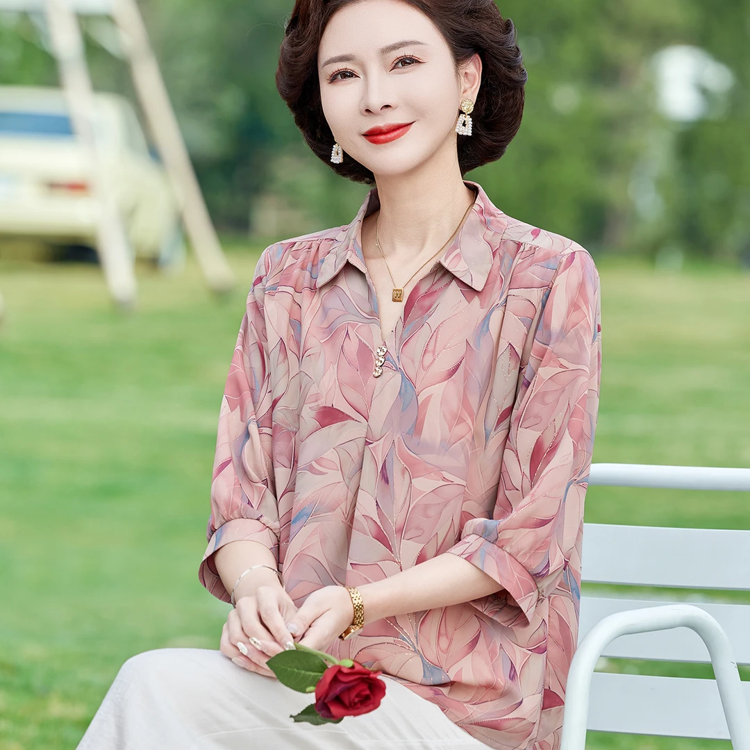 中老年女装夏季套装衬衫翻领雪纺小衫2025年妈妈夏装新款短袖上衣