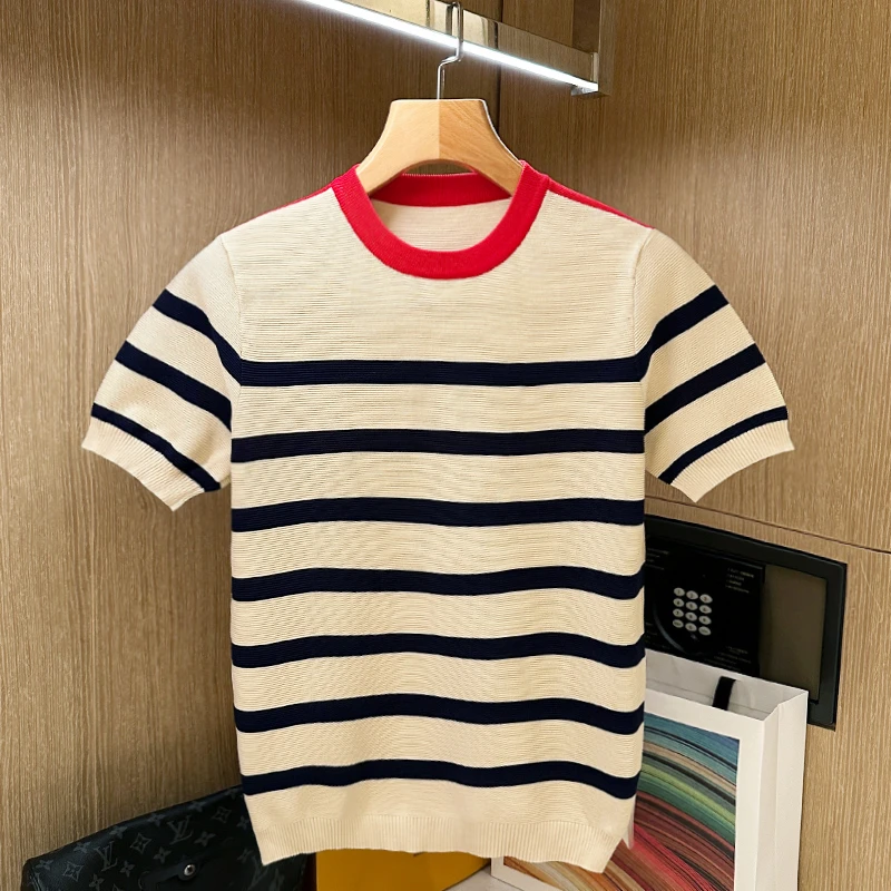 夏季新款高端肌理感针织短袖男圆领潮流拼色条纹修身男士短袖T恤