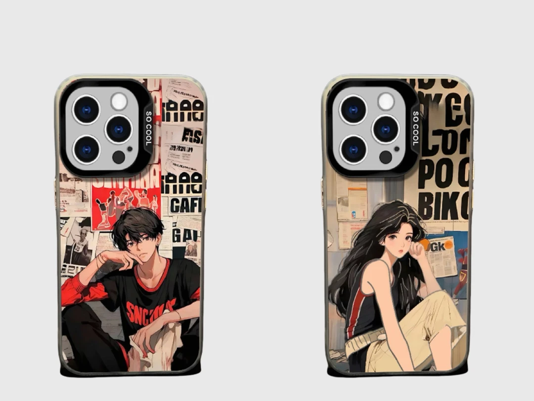 港风校园情侣-IMD彩银黑手机壳适用于多款机型情侣手机壳卡通个性