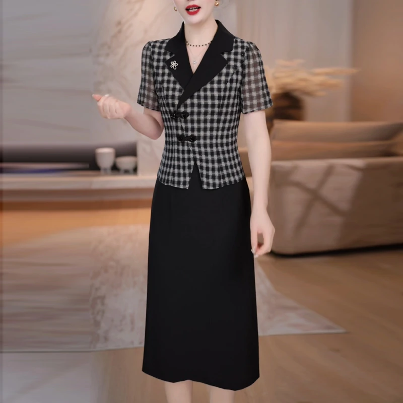 收腰端庄大气格子连衣裙2025夏季新款气质修身显瘦假两件中长裙子