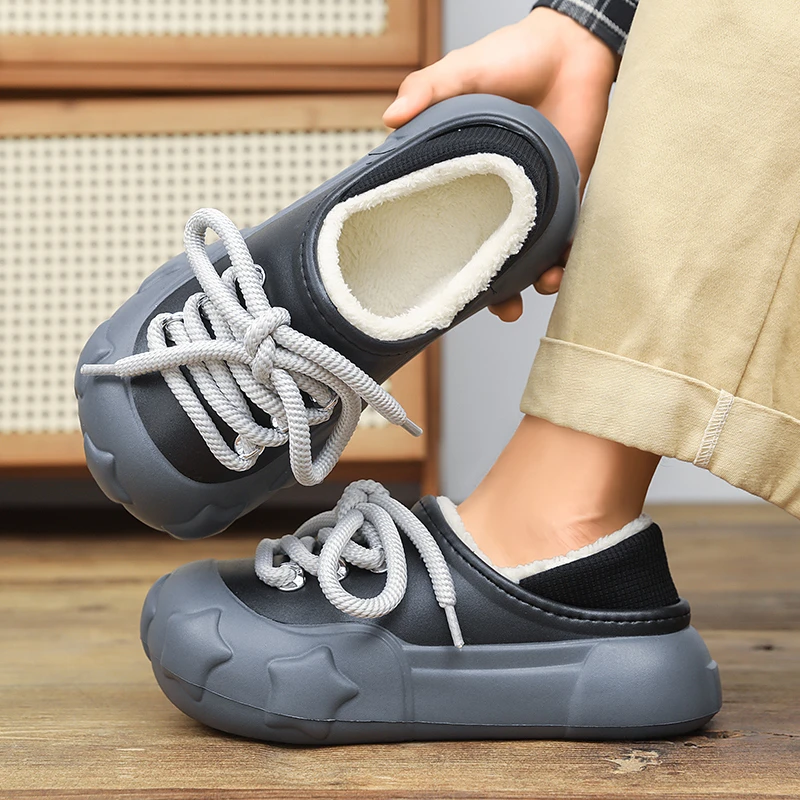 酷路直潮流风2025新款男素面保暖极简风冬季包头女防滑情侣拖鞋